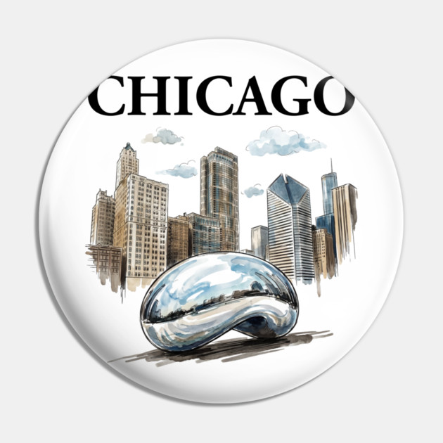 Chicago Bean Ink Wash Skyline Pin by Designed By Marty