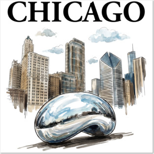 Chicago Bean Ink Wash Skyline Posters and Art