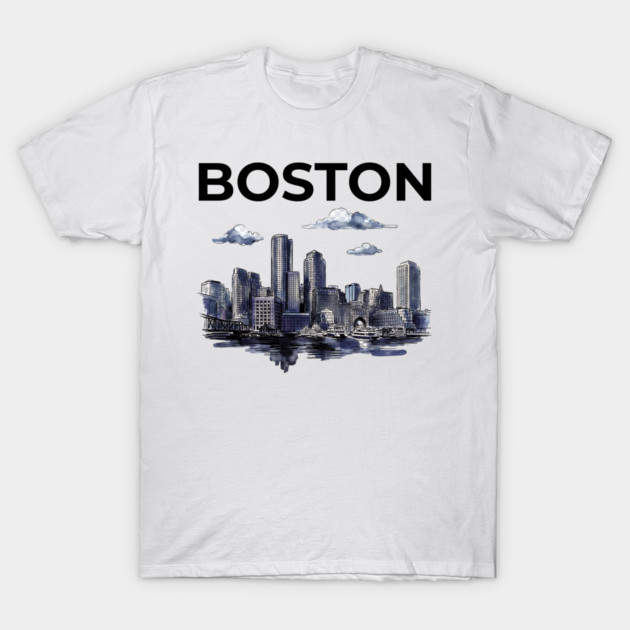 Boston Harbor Ink Wash Skyline T-Shirt by Designed By Marty