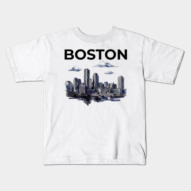 Boston Harbor Ink Wash Skyline Kids T-Shirt by Designed By Marty