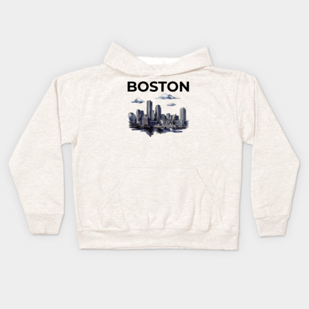 Boston Harbor Ink Wash Skyline Kids Hoodie by Designed By Marty