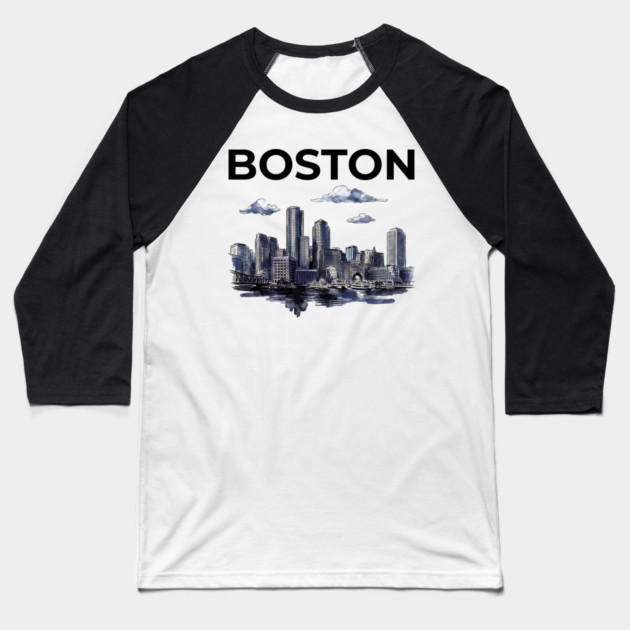 Boston Harbor Ink Wash Skyline Baseball T-Shirt by Designed By Marty
