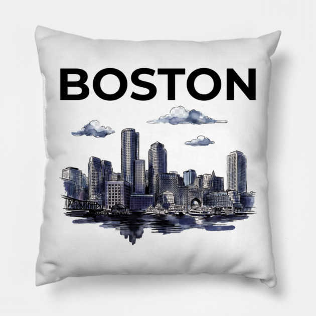 Boston Harbor Ink Wash Skyline Pillow by Designed By Marty