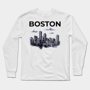 Boston Harbor Ink Wash Skyline Long Sleeve T-Shirt