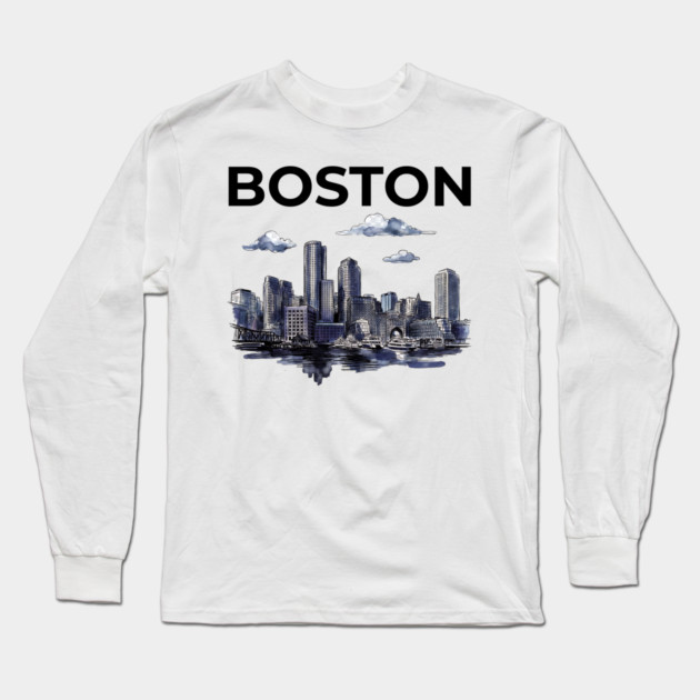 Boston Harbor Ink Wash Skyline Long Sleeve T-Shirt by Designed By Marty
