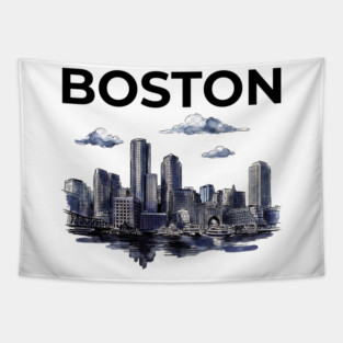 Boston Harbor Ink Wash Skyline Tapestry