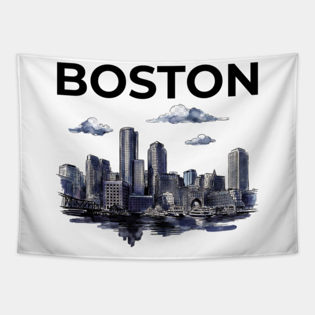 Boston Harbor Ink Wash Skyline Tapestry by Designed By Marty