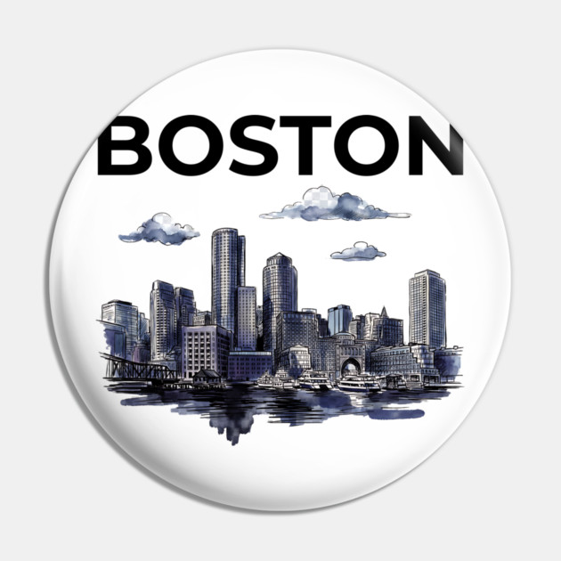 Boston Harbor Ink Wash Skyline Pin by Designed By Marty