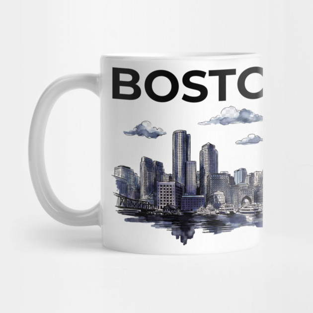 Boston Harbor Ink Wash Skyline by Designed By Marty