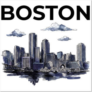 Boston Harbor Ink Wash Skyline Posters and Art