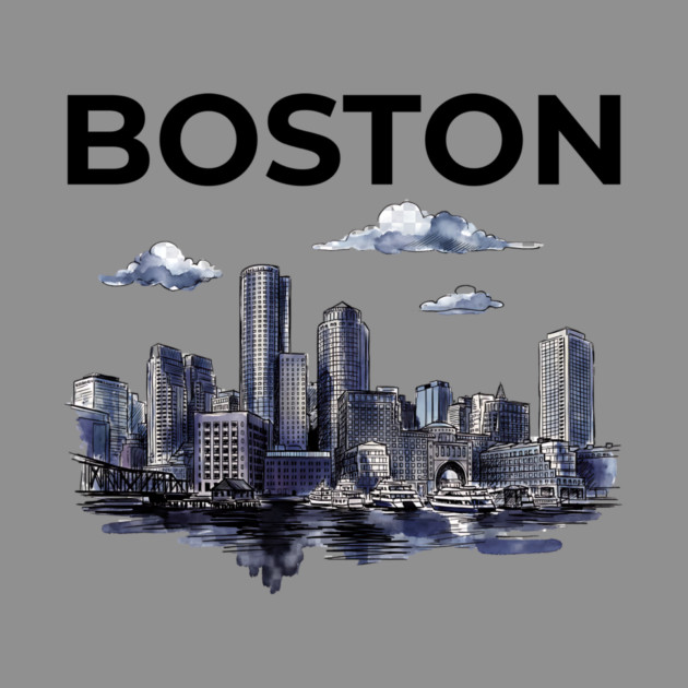 Boston Harbor Ink Wash Skyline by Designed By Marty