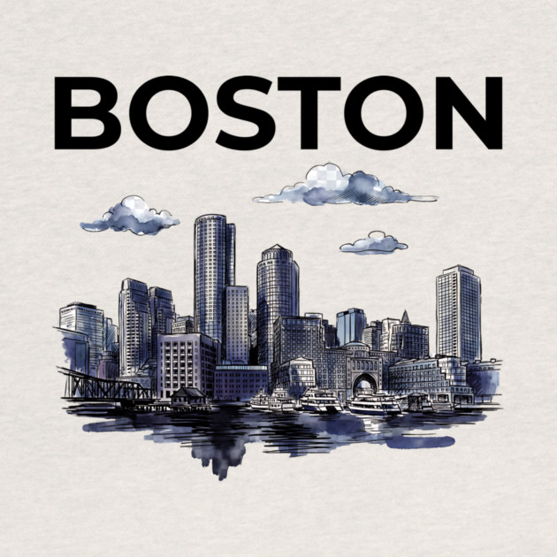 Boston Harbor Ink Wash Skyline by Designed By Marty