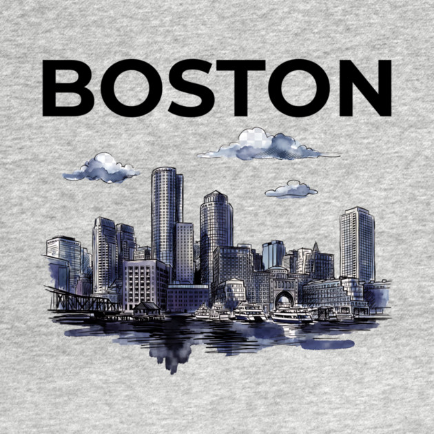 Boston Harbor Ink Wash Skyline by Designed By Marty