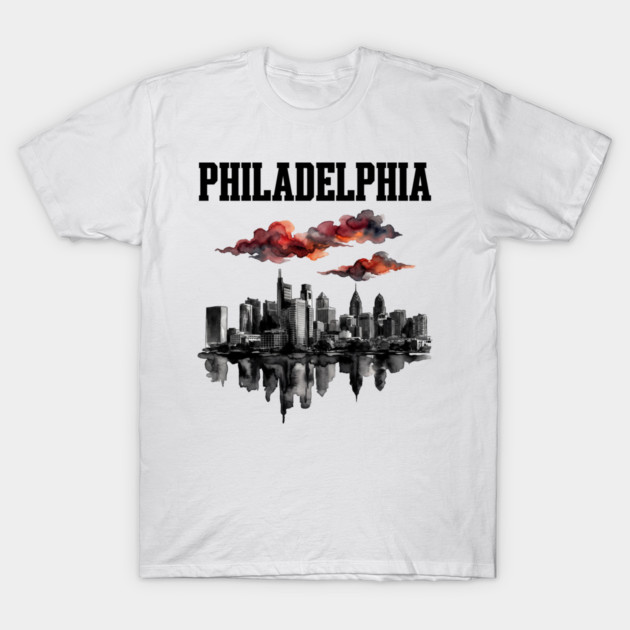 Philadelphia Ink Wash Skyline Storm Clouds T-Shirt by Designed By Marty