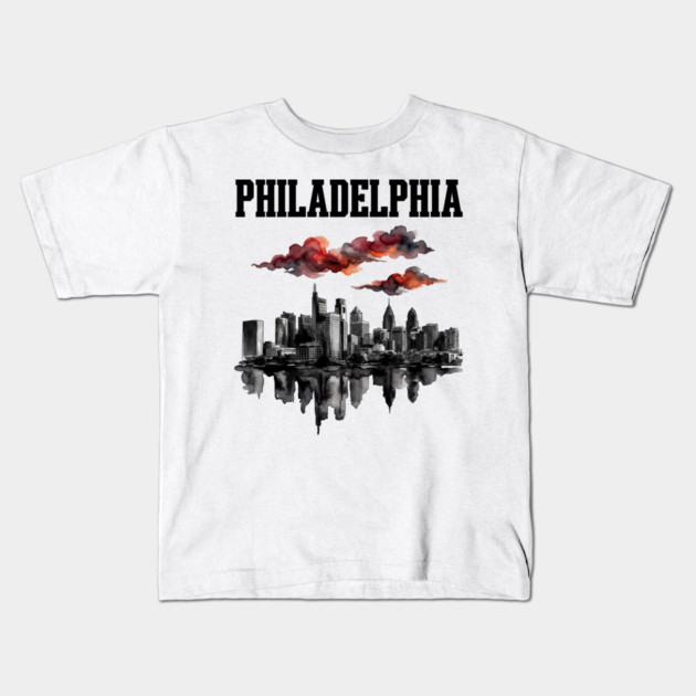 Philadelphia Ink Wash Skyline Storm Clouds Kids T-Shirt by Designed By Marty