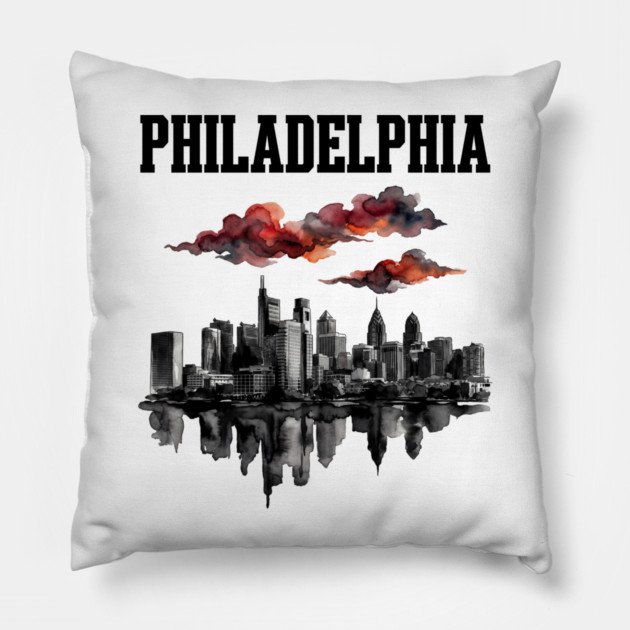 Philadelphia Ink Wash Skyline Storm Clouds Pillow by Designed By Marty