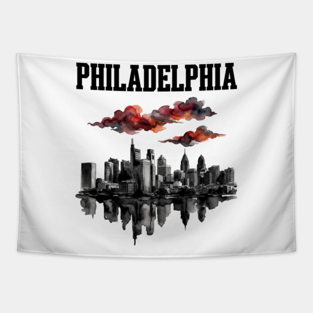 Philadelphia Ink Wash Skyline Storm Clouds Tapestry by Designed By Marty