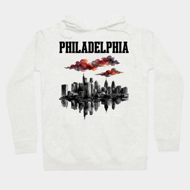 Philadelphia Ink Wash Skyline Storm Clouds Hoodie by Designed By Marty