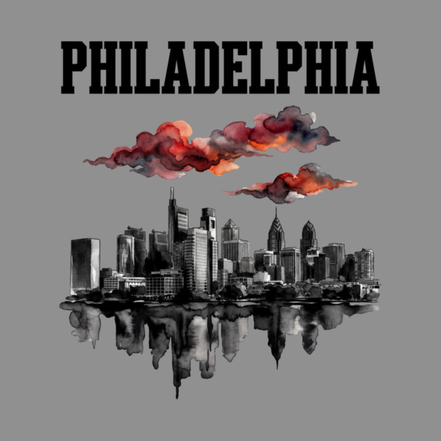Philadelphia Ink Wash Skyline Storm Clouds by Designed By Marty