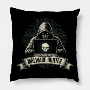 MALWARE HUNTER. Dark Hacker with Skull on Laptop Screen Tech Pattern Pillow