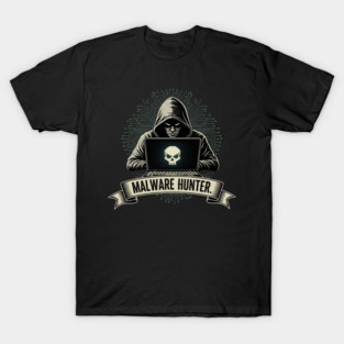 MALWARE HUNTER. Dark Hacker with Skull on Laptop Screen Tech Pattern T-Shirt