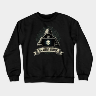 MALWARE HUNTER. Dark Hacker with Skull on Laptop Screen Tech Pattern Crewneck Sweatshirt