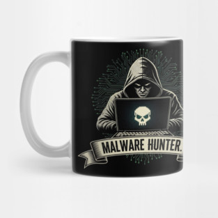 MALWARE HUNTER. Dark Hacker with Skull on Laptop Screen Tech Pattern Mug