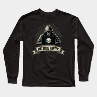 MALWARE HUNTER. Dark Hacker with Skull on Laptop Screen Tech Pattern Long Sleeve T-Shirt