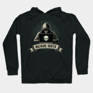 MALWARE HUNTER. Dark Hacker with Skull on Laptop Screen Tech Pattern Hoodie