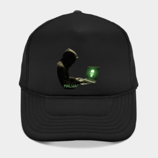 MALWARE - Hacker At Computer With Threatening Grim Skull on Screen Cool Hat