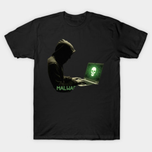 MALWARE - Hacker At Computer With Threatening Grim Skull on Screen Cool T-Shirt
