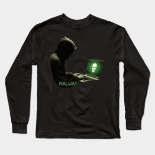 MALWARE - Hacker At Computer With Threatening Grim Skull on Screen Cool Long Sleeve T-Shirt