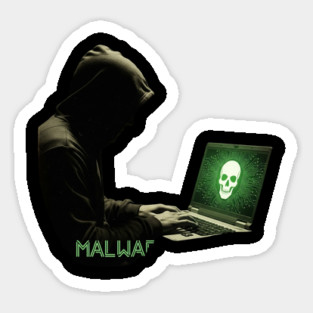 MALWARE - Hacker At Computer With Threatening Grim Skull on Screen Cool Sticker