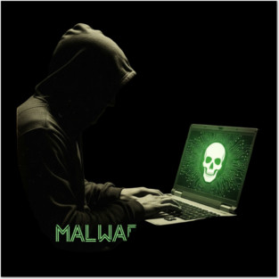 MALWARE - Hacker At Computer With Threatening Grim Skull on Screen Cool Posters and Art