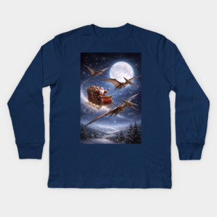 Santa’s Sleigh Pulled by Pterodactyls Kids Long Sleeve T-Shirt