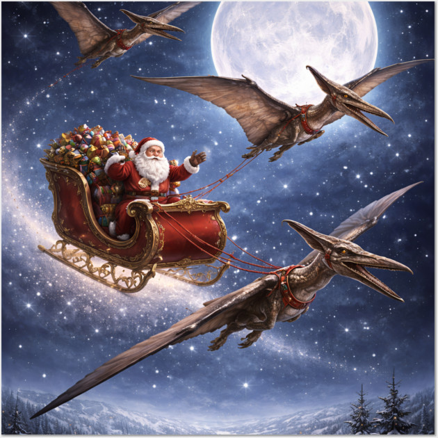 Santa’s Sleigh Pulled by Pterodactyls Wall Art by DonWillisJrArt