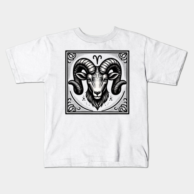 Aries Zodiac Sign: Retro Woodcut Style Illustration Kids T-Shirt by Pixel Threads 