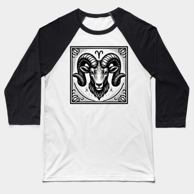 Aries Zodiac Sign: Retro Woodcut Style Illustration Baseball T-Shirt by Pixel Threads 