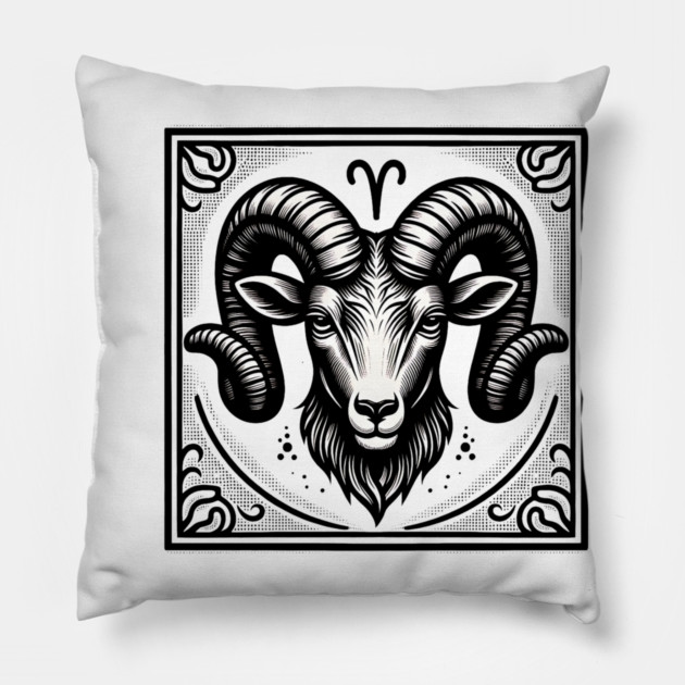 Aries Zodiac Sign: Retro Woodcut Style Illustration Pillow by Pixel Threads 
