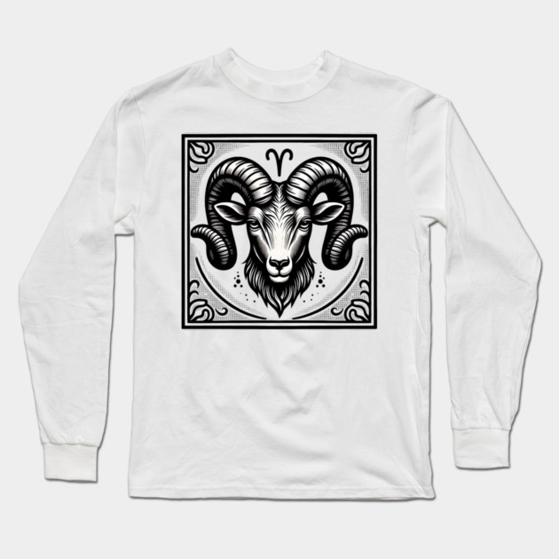 Aries Zodiac Sign: Retro Woodcut Style Illustration Long Sleeve T-Shirt by Pixel Threads 