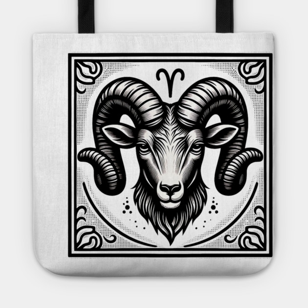 Aries Zodiac Sign: Retro Woodcut Style Illustration Tote by Pixel Threads 