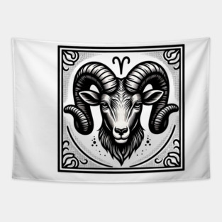 Aries Zodiac Sign: Retro Woodcut Style Illustration Tapestry