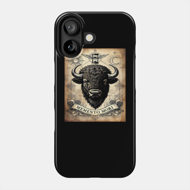 American Bison Stoicism: Memento Mori Vintage Woodcut Art Phone Case by Pixel Threads 