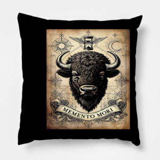 American Bison Stoicism: Memento Mori Vintage Woodcut Art Pillow