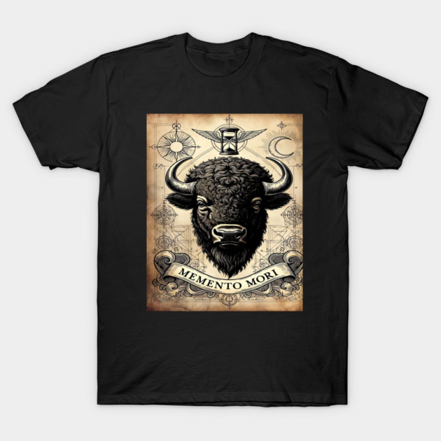 American Bison Stoicism: Memento Mori Vintage Woodcut Art T-Shirt by Pixel Threads 