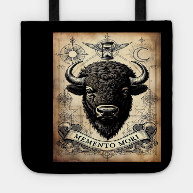 American Bison Stoicism: Memento Mori Vintage Woodcut Art Tote by Pixel Threads 