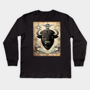 American Bison Stoicism: Memento Mori Vintage Woodcut Art Kids Long Sleeve T-Shirt