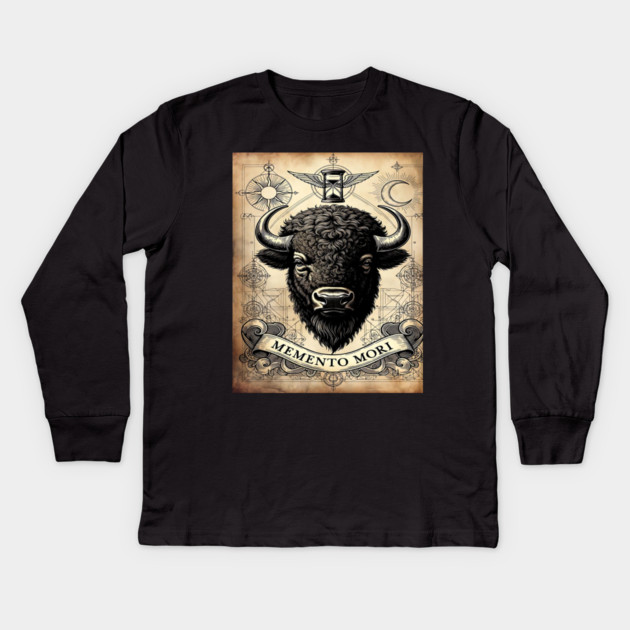 American Bison Stoicism: Memento Mori Vintage Woodcut Art Kids Long Sleeve T-Shirt by Pixel Threads 