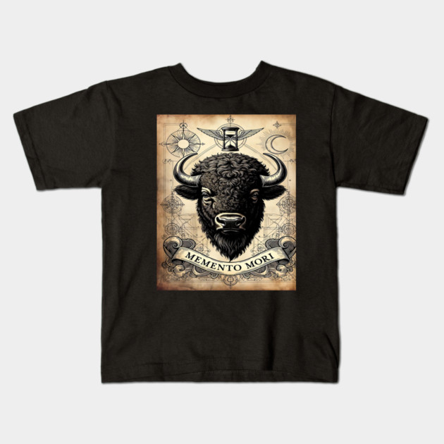 American Bison Stoicism: Memento Mori Vintage Woodcut Art Kids T-Shirt by Pixel Threads 
