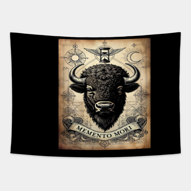 American Bison Stoicism: Memento Mori Vintage Woodcut Art Tapestry by Pixel Threads 